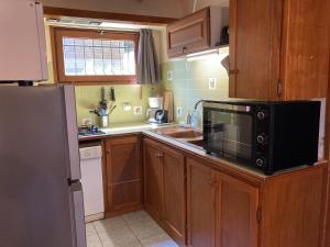 a small kitchen with wooden cabinets and a microwave at chalet du mouflon au bec aigle in Le Lioran