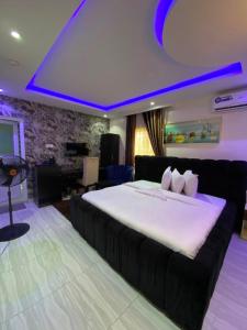 a bedroom with a large bed with purple lighting at S&B Hotel in Agege