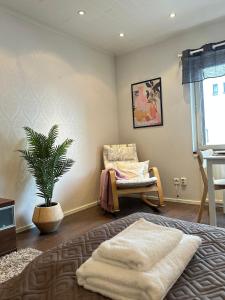 a bedroom with a couch and a chair and a plant at KODA Walk Everywhere in Rovaniemi