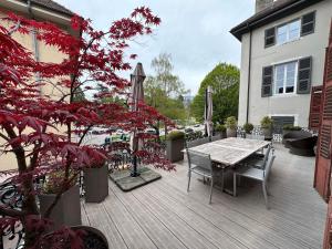 a wooden deck with a table and chairs on a house at Le Reflet du Lac in Annecy