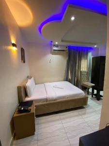 a bedroom with a bed with a purple lighting at S&B Hotel in Agege +3 photos
