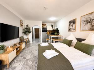 a living room with a couch and a flat screen tv at Thermenblick in Bad Rodach