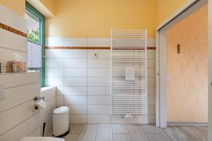 a bathroom with a toilet and a shower at Pension Pusteblume in Meyenburg +62 photos