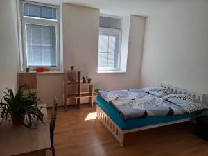 a bedroom with a bed and two windows at Apartmán u parku in Prostějov