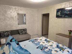 a bedroom with a bed and a couch and a television at Apartament TIMEEA Baile Herculane in Băile Herculane