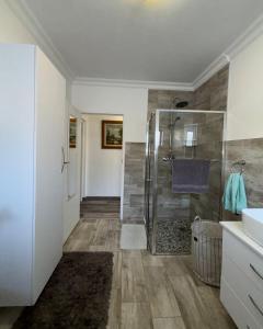a bathroom with a shower and a sink at Seashell Flat in Mossel Bay +26 photos