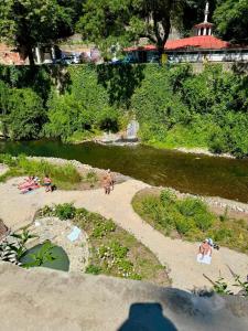 a group of people sitting on a beach next to a river at Apartament ELVIRA Băile Herculane in Băile Herculane