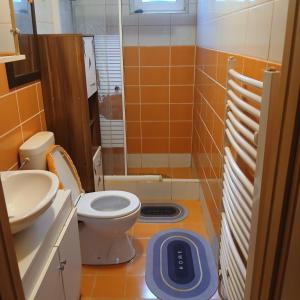 a bathroom with a toilet and a scale on the floor at Soba za vise osoba in Ilijaš