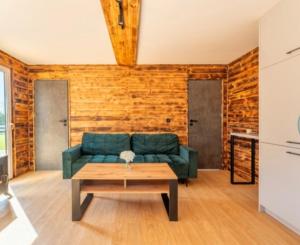 a living room with a green couch and a coffee table at Apartament Glamour II Kleszczów in Łękińsko +25 photos