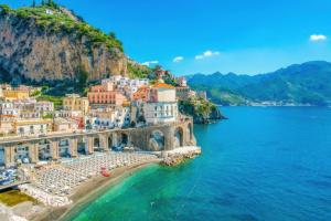an aerial view of positano on the amalfi coast at Starhost - RICORDO DEL CAPITANO, Atrani hidden gem Walking distance from Amalfi & Beach in Atrani