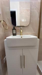 a bathroom with a white sink and a mirror at Nuit Céleste Studio élégant avec parking Centre Morteau in Morteau