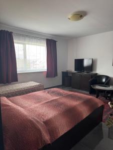 a bedroom with a bed and a flat screen tv at Casa David in Rădăuţi