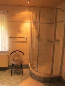 a shower with a chair in a bathroom at Ferienwohnungen Haseloff in Kurort Oberwiesenthal +21 photos
