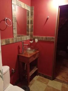 a bathroom with a sink and a red wall at Complejo Medanales del Sur in Balneario Reta +3 photos