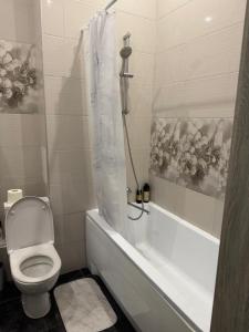 a bathroom with a toilet and a bathtub with a shower curtain at Апартаменти біля чорноморського моря in Fontanka