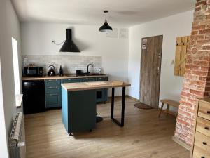 a kitchen with a island in the middle of a room at Apartament w centrum in Krotoszyn +5 photos