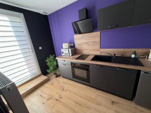 eine Küche mit Spüle und lila Wand in der Unterkunft Love room l'Evasion in Esprels