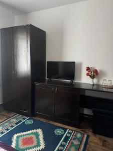 a living room with a tv and a black cabinet at Casa David in Rădăuţi +18 photos