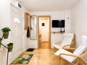 a living room with two chairs and a tv at Cozy Studio in Szentendre