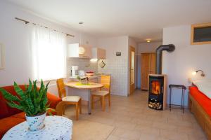 a living room with a couch and a living room with a fireplace at Ferienwohnung Gänseblümchen in Suhl