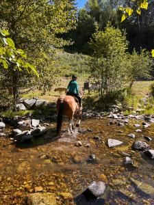 a person riding a horse through a stream at Privet creek side glamping in Chase