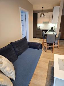a living room with a blue couch and a kitchen at Apartament Azul in Cieszyn