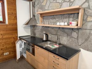 a kitchen with a sink and a stove at Hotel Kukučka Apartment C104 Tatranská Lomnica in Vysoké Tatry +15 photos