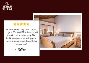 a poster of a bedroom with a bed and a mirror at Spacious 3BD & Loft Villa - Convenient to Slopes in Mammoth Lakes