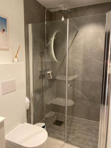 a shower stall in a bathroom with a toilet at Leilighet ved fjorden in Årak +8 photos