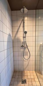 a shower in a bathroom with a tile wall at Eldá apartments in Myvatn +9 photos