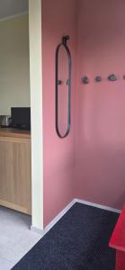 a shower in a room with a pink wall at Eldá apartments in Myvatn