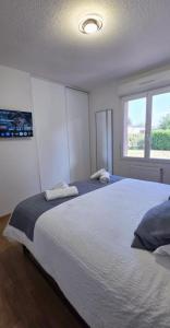 a bedroom with two beds and a window at Maison Mirepoix 100m2 in Mirepoix