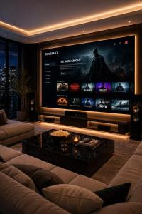 a living room with a large flat screen tv at vila del paraíso in Castelldefels