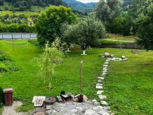 a garden with a fire pit in the grass at Casa Adela LaculRosu Bicaz in Neagra
