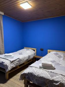 two beds in a room with a blue wall at Sky Tusheti in Omalo