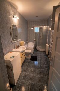 a bathroom with a sink and a tub and a toilet at Klára House - Covasna in Covasna +29 photos