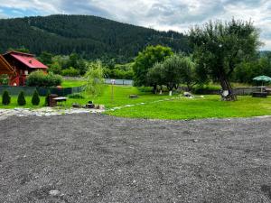 a gravel parking lot with a tree and a house at Casa Adela LaculRosu Bicaz in Neagra +39 photos
