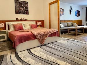 a bedroom with a bed and a rug at Kinizsi House in Szigetszentmiklós