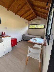 a small room with a bed and a table and a kitchen at TiniHouse AguadePiedra in Villa Giardino