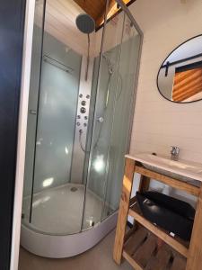 a shower in a bathroom with a sink at TiniHouse AguadePiedra in Villa Giardino