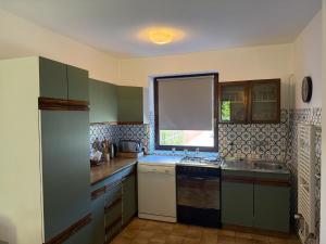 a kitchen with green cabinets and a window at Kuća za odmor SLAVIK in Daruvar