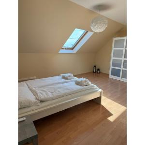 a bedroom with a bed and a skylight at TIÉD Apartman in Kiskunmajsa