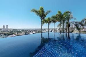 a swimming pool with palm trees on top of a building at Exclusivo, Moderno e Completo in Campinas