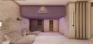 a rendering of a lobby with chairs and a purple ceiling at KM Lux & SPA in Veliko Gradište +35 photos