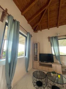 a living room with two tables and a tv at Olive & Sea Villa Koroni in Koroni