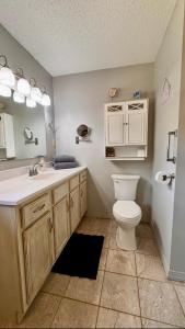 a bathroom with a toilet and a sink and a mirror at Pine Bluff on the Lake in Golden +27 photos