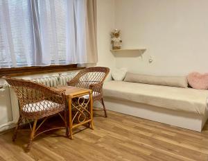 a room with a bed and two chairs and a table at Vila Anička in Týnec nad Sázavou