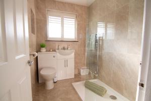 a bathroom with a toilet and a sink and a shower at Coopers by the Coast in Selsey