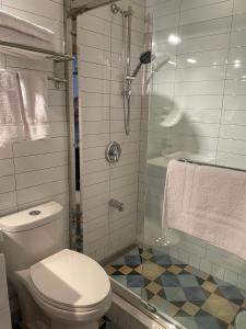a bathroom with a toilet and a glass shower at Cabbagetown Inn in Toronto +18 photos