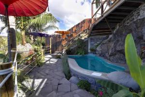 a swimming pool in a garden with an umbrella at Al Dazk in Ribeira Brava